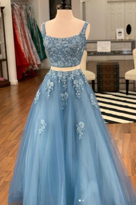 Elegant Spaghetti Straps Tulle Blue Long Two Piece Prom Dress With Appliques