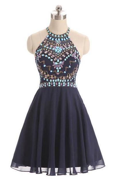 Dark Blue Beads Short Prom Dresses, Cute Dark Blue Homecoming Dresses