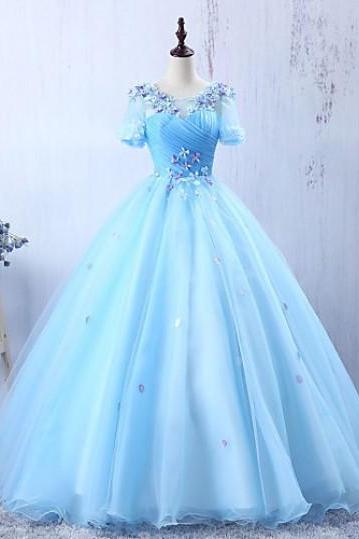 Light Blue Formal Evening Dress A-line Floor-length Prom Dress With Appliques