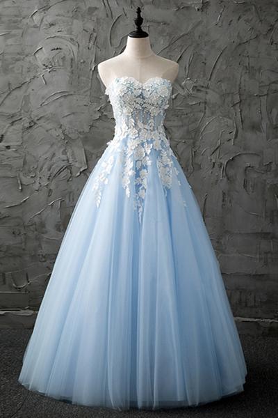Ball Gown Strapless Sweetheart Light Blue Tulle Long Prom Dress With Lace Applique