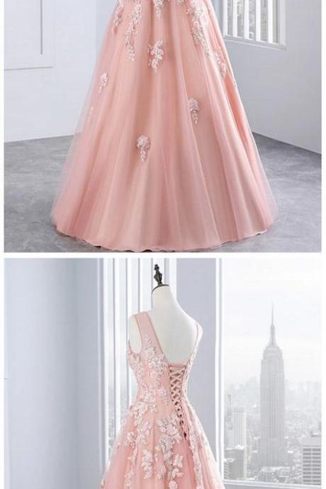 Pink Tulle Evening Dress,sexy Ball Gowns, Custom Made , Fashion, V Neck Evening Dress
