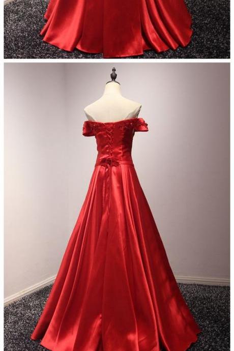 Chic Dress, Red Prom Dress,a-line Prom Dress, Satin Off-the-shoulder Prom Dress,long Prom Dress Evening Dress