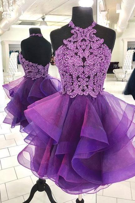 Cute Purple Tulle Lace Short Prom Dress, Purple Homecoming Dress