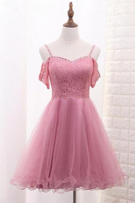 Spaghetti Straps Short Tulle Homecoming Dresses with Lace Top