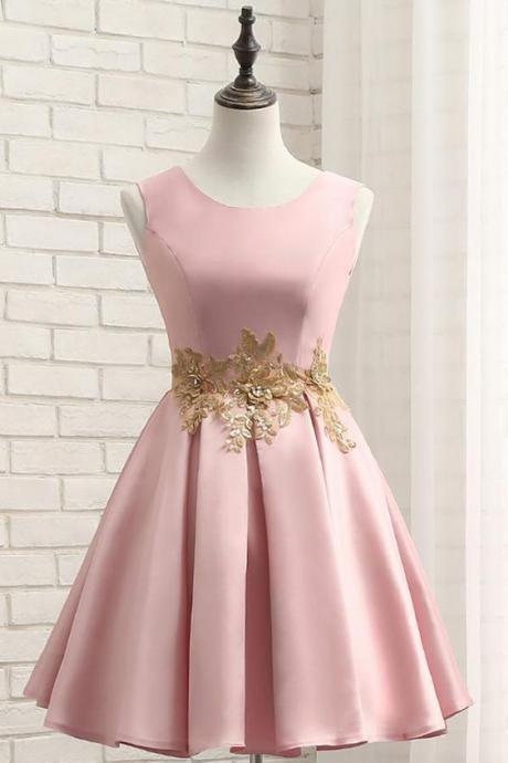 Pink A Line Sleeveless Ruched Homecoming Dress With Gold Appliques, Short Prom Dress