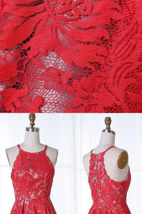 Round Neck Short Red Lace Homecoming Dress, Halter Lace Short Prom Dress