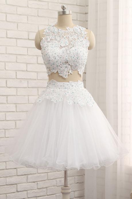 White Tulle Short Two Pieces Homecoming Dress, Lace Prom Dress From Sweetheart Dress