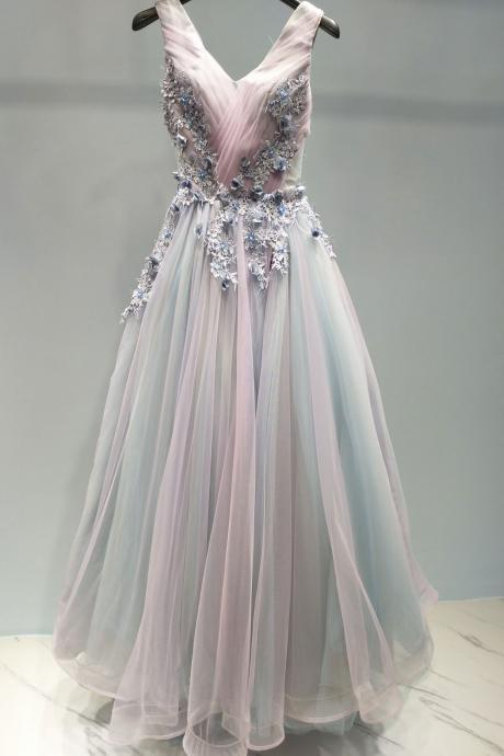 Elegant Long Tulle Prom Dress With Lace Appliques, Long V Neck Evening Dress
