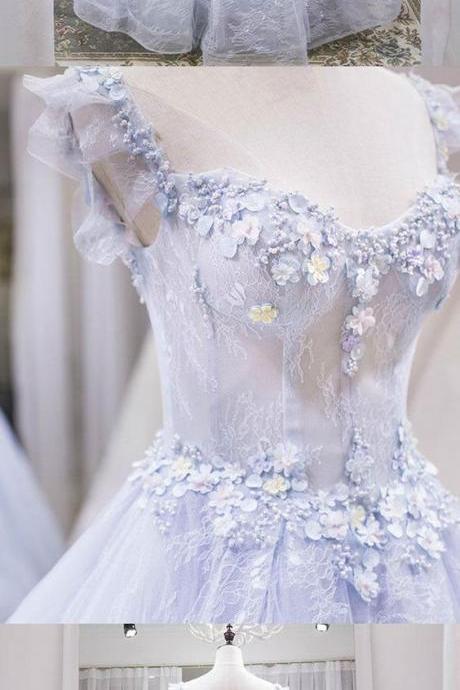 Light blue tulle lace long prom dress, blue evening dress 