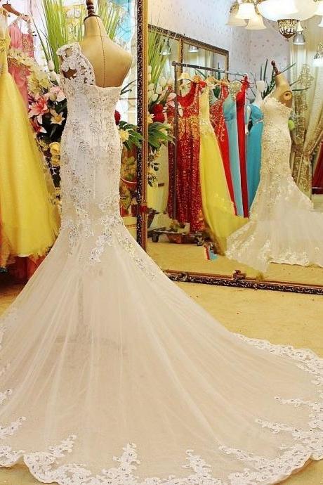 White Mermaid Corset Tulle Beaded Wedding Dress, Luxury Shoulder Bridal Gown Bridal Gown, Custom Size Bridal Dress