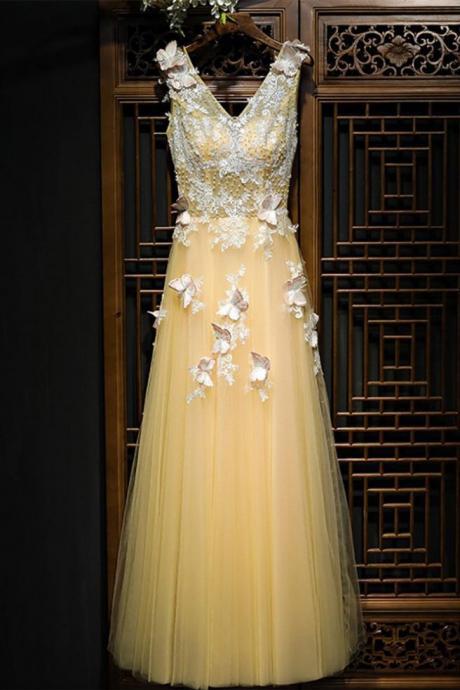 Charming Flowy Long Tulle Evening Dress V Neck Prom Dress With Lace Butterflies