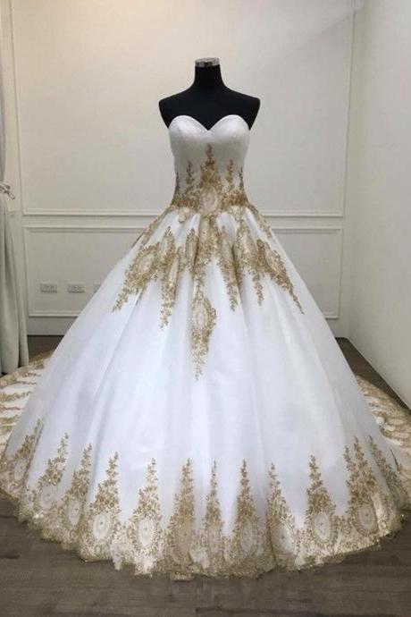 White Ball Gown Quinceanera Dresses, Big Wedding Dress With Gold Appliques