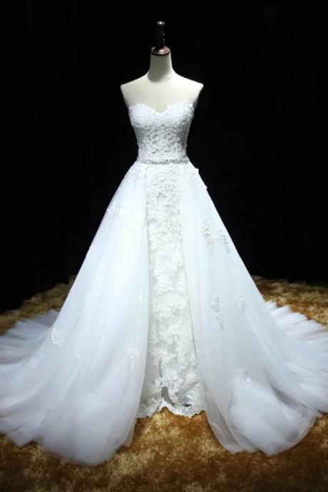 Strapless A-line White Tulle Wedding Dress, Lace Appliques Women Bridal Gowns