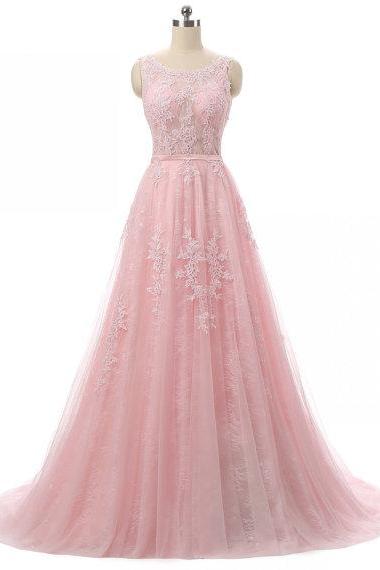 Scoop Neck A-line Pink Tulle Prom Dress Lace Appliques Open Back Women Party Dress