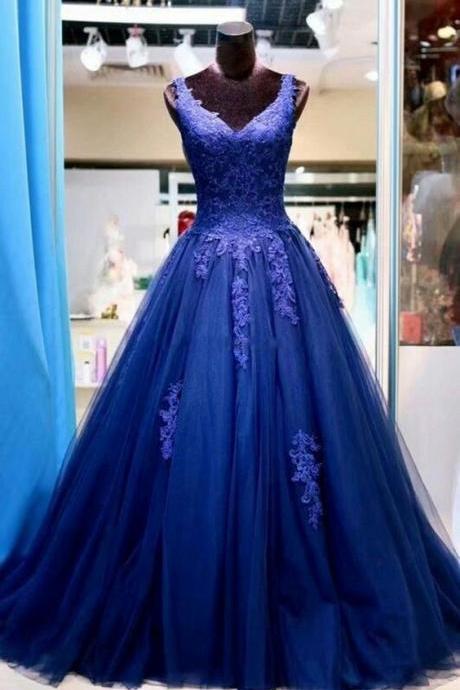 Blue Prom Dress,tulle Evening Dresses,appliques Prom Dresses,v-neck Prom Gown