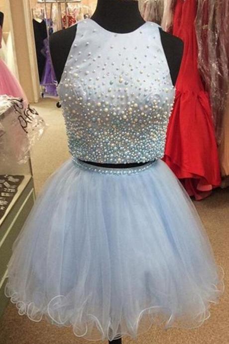 Bule Tulle Homecoming Dress,Vintage Two Piece Homecoming Dress, Pearl Beaded Prom Dress Short,Sexy Homecoming Dress