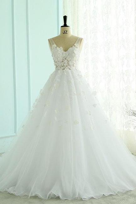 White V Neck Backless Long Prom Dress, White Evening Dress