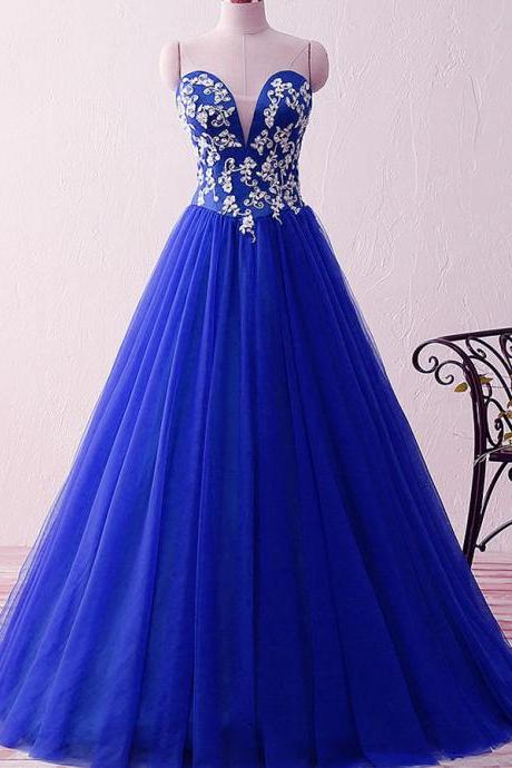 Royal Blue Sweetheart Appliques Beaded Evening Dresses Ball Gowns Floor Length Vintage