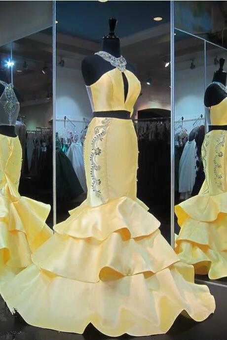 Yellow Evening Gown Mermaid Halter Yellow Ruffles Sleeveless Crystals Prom Dress