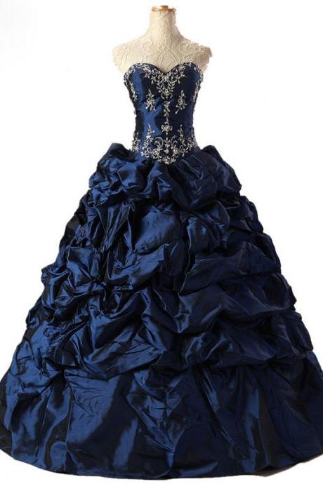 Navy Blue Beaded Evening Dresses Long Elegant Taffeta Prom Dress Robe De Soiree Formal Gowns