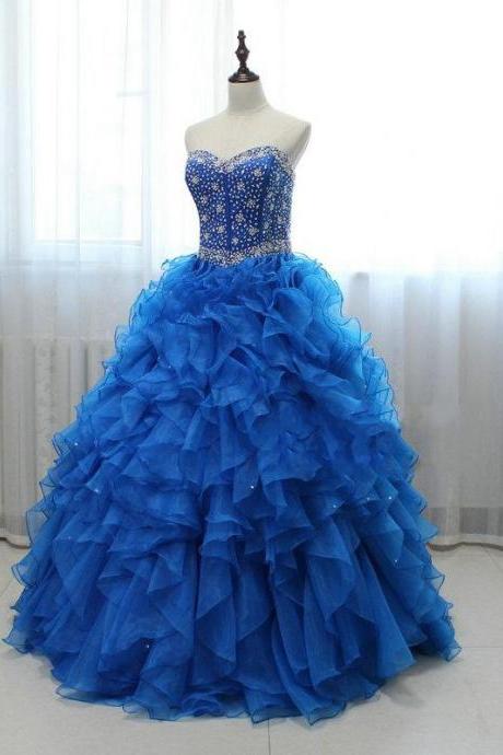 Long Royal Blue Blue Beaded Organza Prom Dresses Featuring Sweetheart Neck