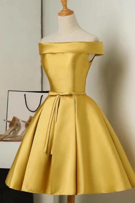 Gold Short Satin Off Shoulder Homecoming Dress, Simple Knee Length Teen Formal Dress
