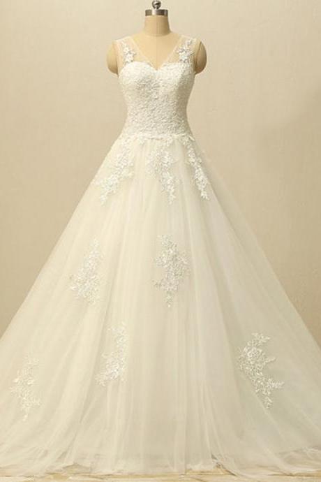 Lace Appliqués Plunge V Sleeveless Floor Length Tulle Wedding Gown Featuring Train