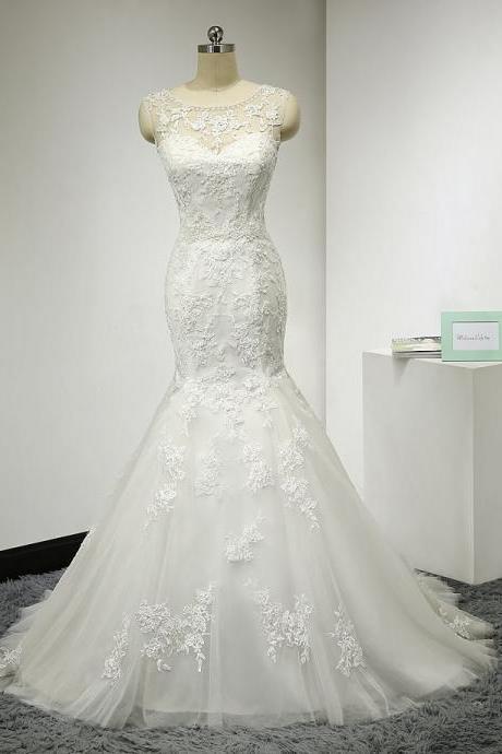 Mermaid Wedding Dress,Tulle Wedding Dresses with Lace Appliques