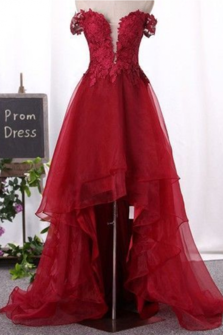 A-line Off-the-shoulder Organza Asymmetrical Appliques Lace Prom Dresses
