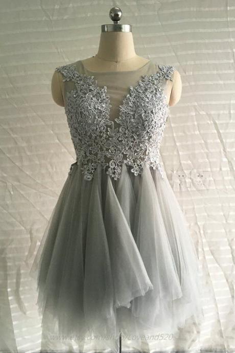 Silver Tulle Lace Short Homecoming Dresses Sheer Nack Cocktail Party Gowns ,strapless Short Prom Gowns