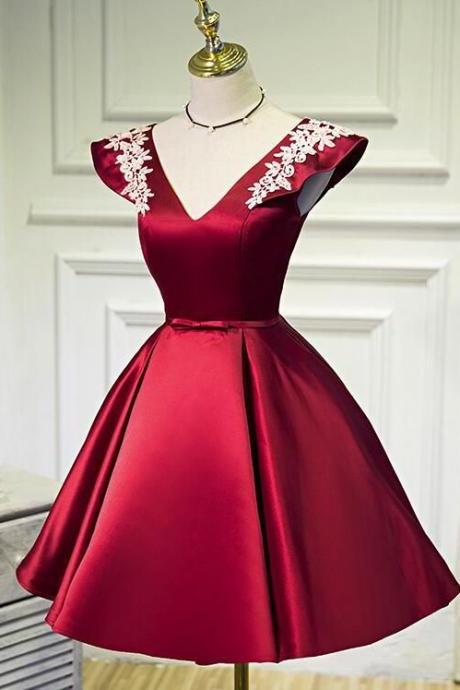 Wine Red Cap Sleeves Short Party Dresses, Satin Formal Dresses, Cute Party Dresses