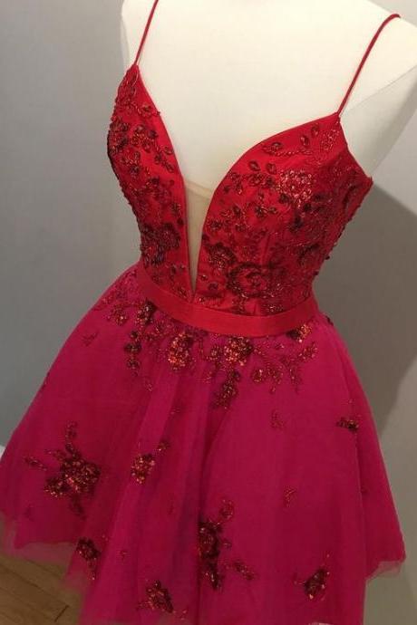 Spaghetti Straps Short Red Homecoming Dress Party Dress
