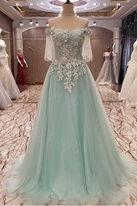 Mint A Line Tulle Prom Dresses,off The Shoulder Handmade Flowers Prom Dress