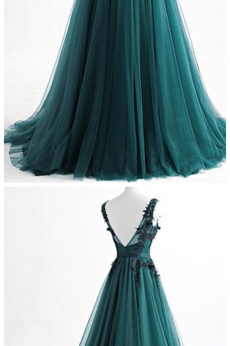Tulle V-neck Neckline Floor-length A-line Evening Dress With Beaded Lace