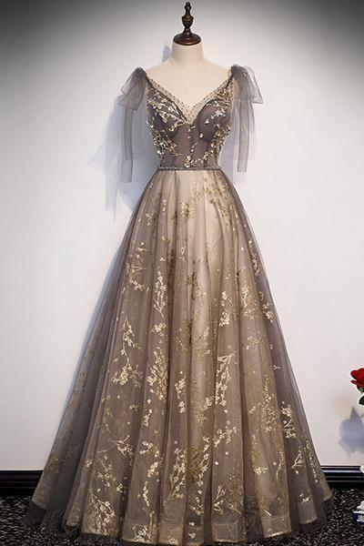 Elegant V Neck Gray Gold Tulle Lace Long Prom Dress Tulle Formal Dress