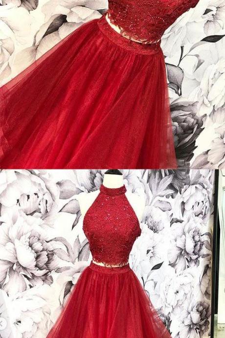 Burgundy Two Pieces Lace Long Prom Dress, Evening Dress