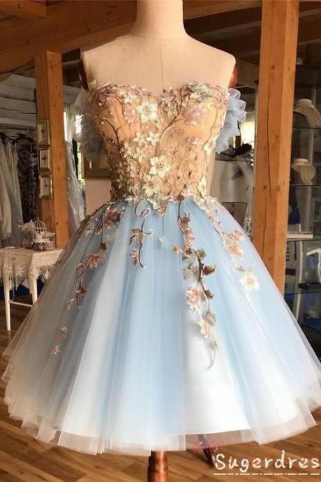 Gorgeous Strapless Lace Appliques Sky Blue Homeocming Dress