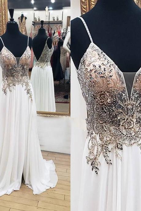 Spaghetti Straps V-back Long White Prom Dress With Beading Top
