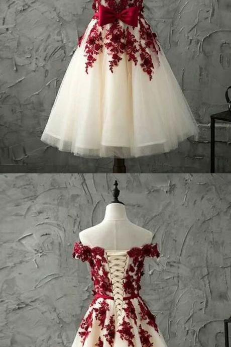 Burgundy Lace Tulle Short Prom Dress, Burgundy Lace Homecoming Dress