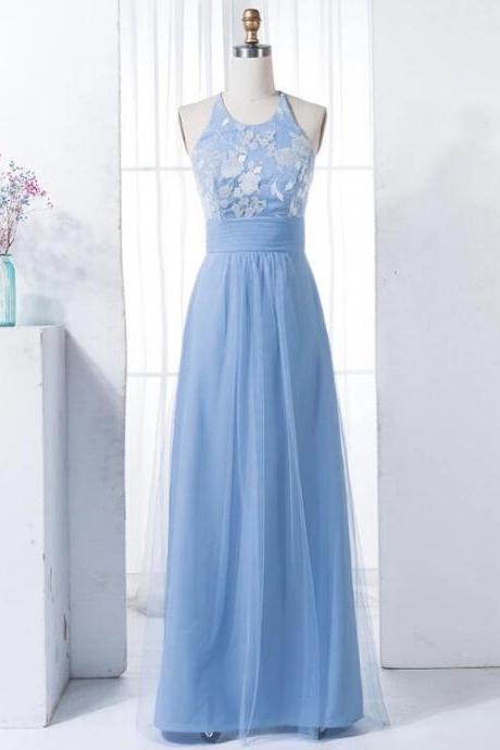A-line Jewel Floor-length Blue Tulle Bridesmaid Dress With Lace