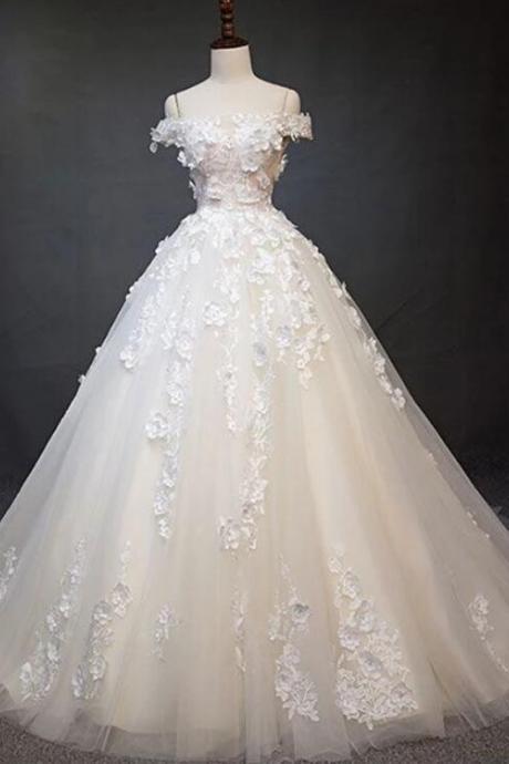White Tulle Lace Applique Long Prom Dress, White Lace Wedding Dress
