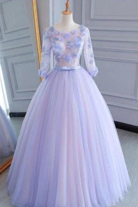 Unique Lavender Tulle Mid Sleeve Long A-line Lace Appliqué Prom Dress, Evening Dress