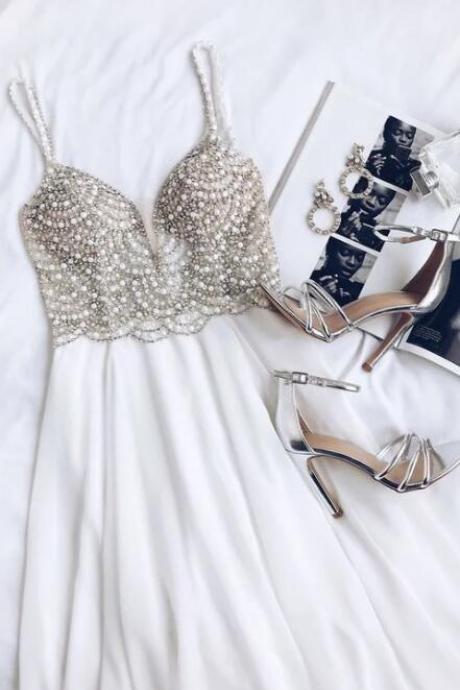 White Prom Dress, Beaded Rhinestone Maxi Dress,charming Evening Dress,v-neck Party Dress