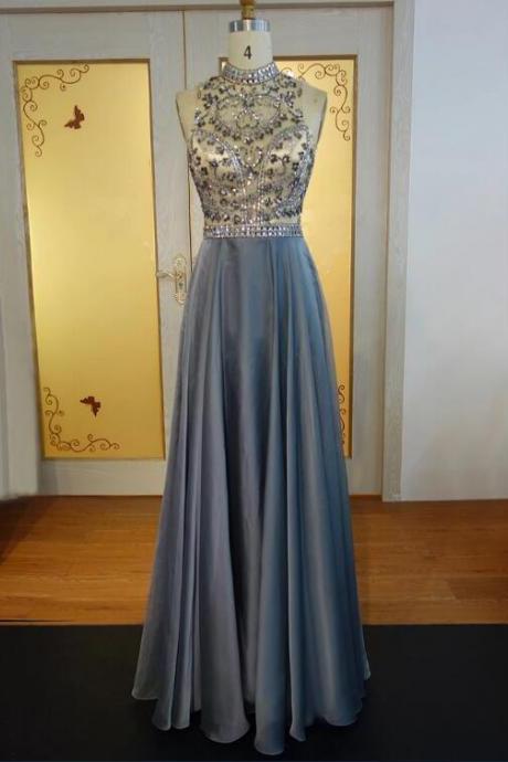 Sexy Open Back Beaded Crystals Gray Prom Dresses Long Elegant High Neck Sleeveless Satin Evening Party Dresses