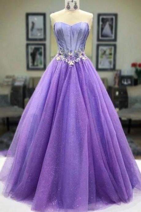 Purple Sweetheart Neck Tulle Long Prom Dress, Evening Dress