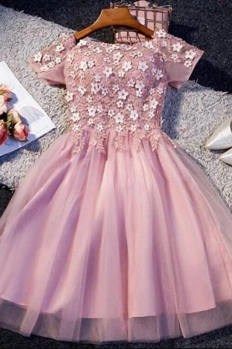 Pink Tulle Lace Short Prom Dress, Pink Homecoming Dress