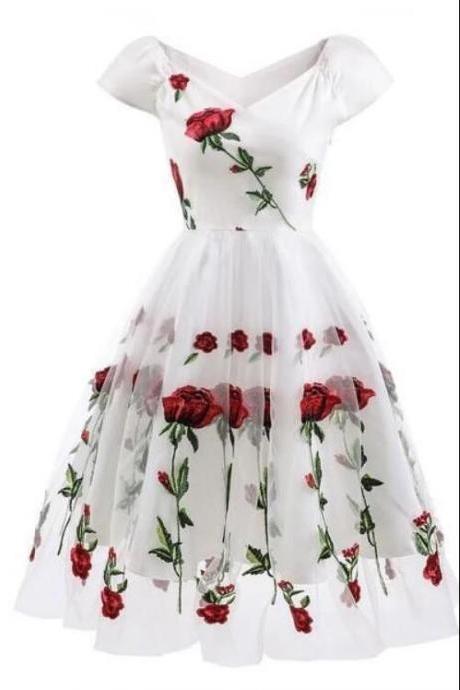 Off-the-shoulder Rose Embroidered A-line Prom Dress