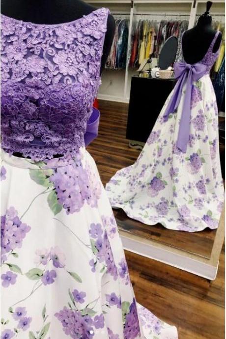 lace two pieces long prom dress purple evening dress