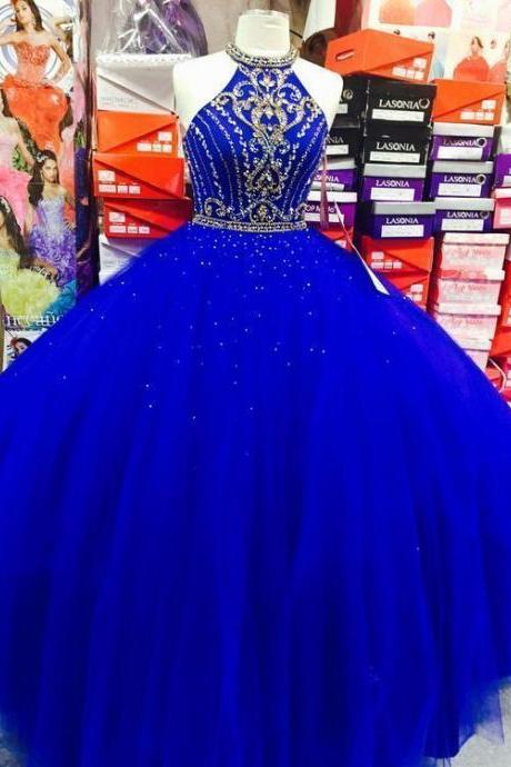 Royal Blue Halter Tulle Quinceanera Dresses, Elegant Ball Gown Prom Dresses, Sweet 16 Prom Dress