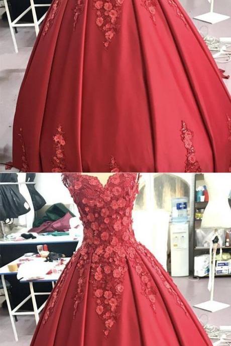 Red Wedding Dress Ball Gown Satin V Neck